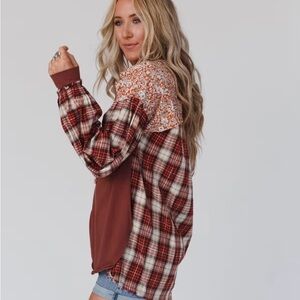 Three Bird Nest Red Plaid and Floral Button Down Shirt